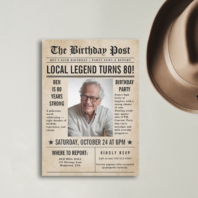 Invitación El periódico Birthday News Funny Hombres humorísti (80th birthday party for men invitation card photo template vintage newspaper news funny humorous)