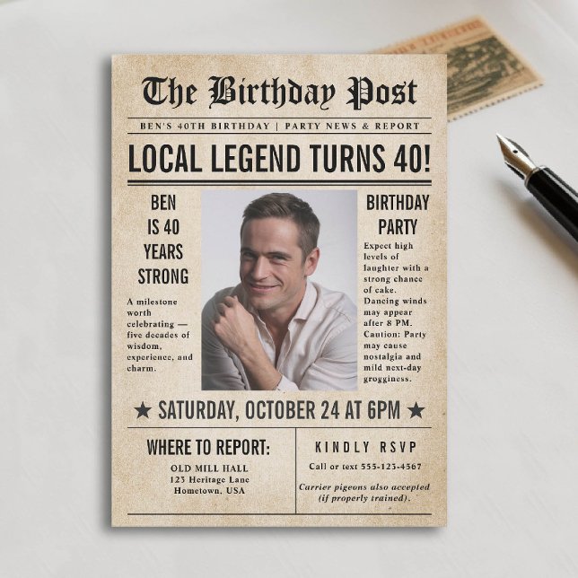 Invitación El periódico Birthday News Funny Hombres Humorísti (40th birthday party for men invitation card photo template vintage newspaper news funny humorous)