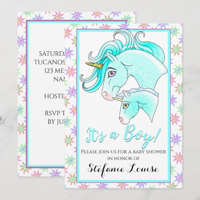 Invitación ¡El Personalizado unicornio Blue Dapple It's a Boy (Anverso / Reverso)