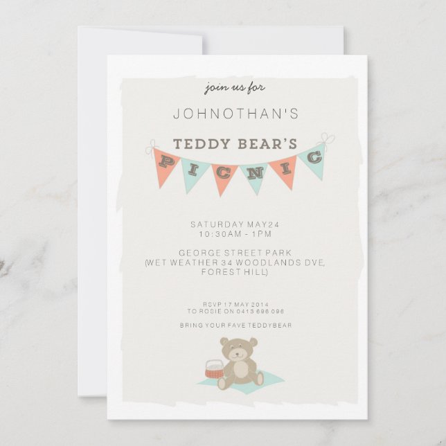 Invitación El picnic de Teddy Bear (Anverso)