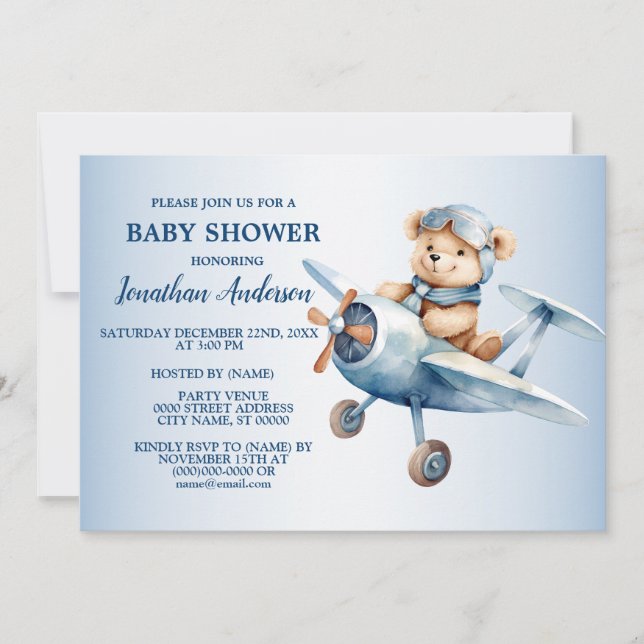 Invitación El piloto de Baby Shower Cute Happy Blue Bear es h (Anverso)