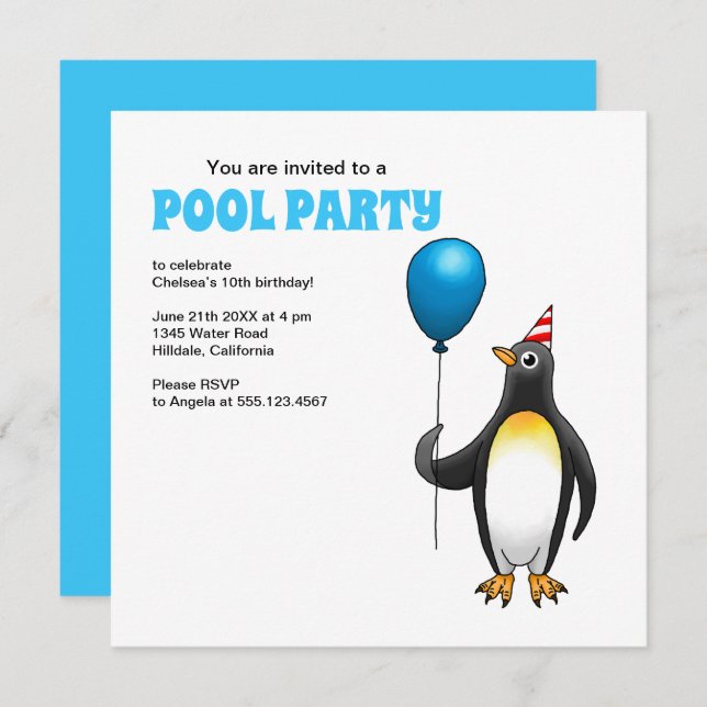 Invitación El pingüino Fiesta (Anverso / Reverso)