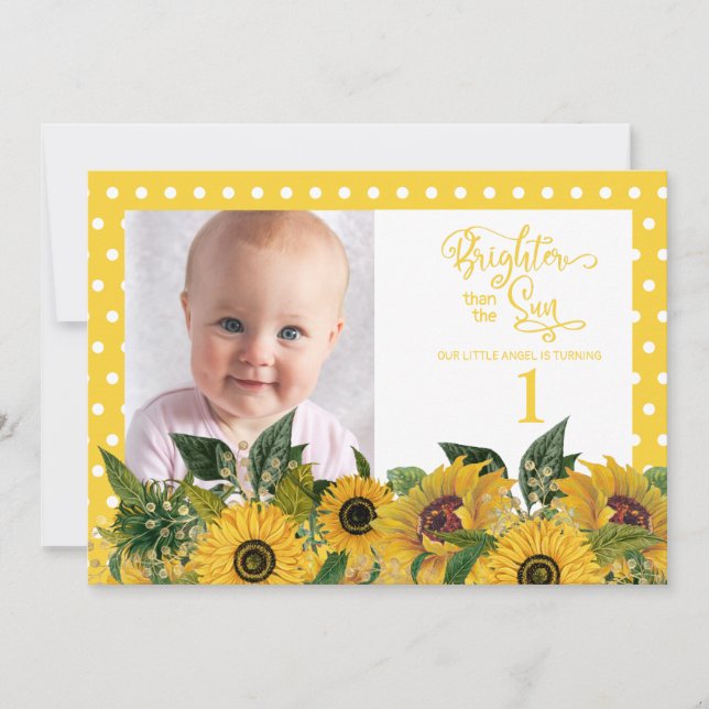 Invitación El Polka Blanco Amarillo Dots Sunflowers First Bir (Anverso)