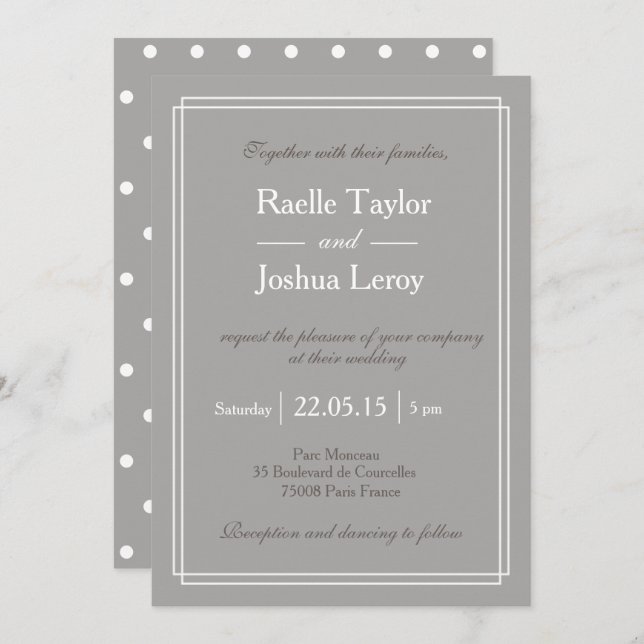 Invitación El polka pega el taupe blanco gris boda minimalist (Anverso / Reverso)
