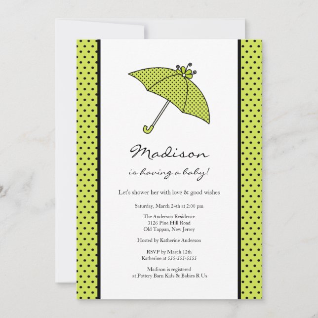 Invitación El polka verde pone el paraguas Baby Shower (Anverso)