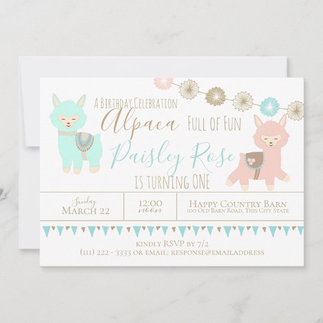 Invitación El primer cumpleaños de Alpaca lleno de diversión (Anverso)