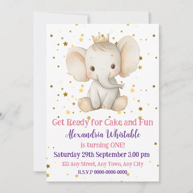 Invitación El primer cumpleaños de la princesa elefante perso (Anverso)