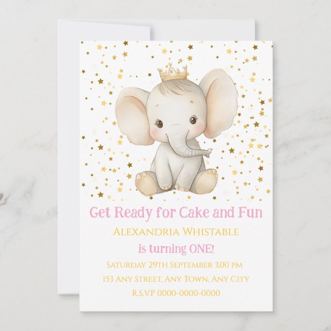 Invitación El primer cumpleaños de la princesa elefante perso (Anverso)