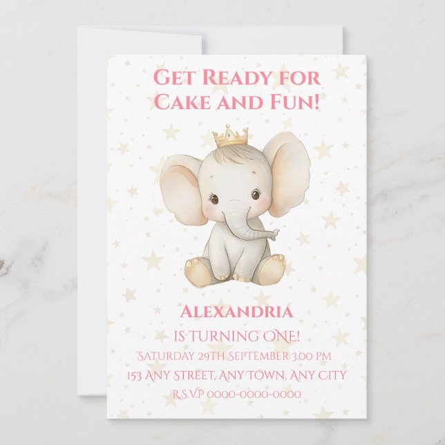 Invitación El primer cumpleaños de la princesa elefante perso (Anverso)
