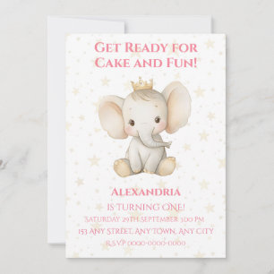Invitación El primer cumpleaños de la princesa elefante perso