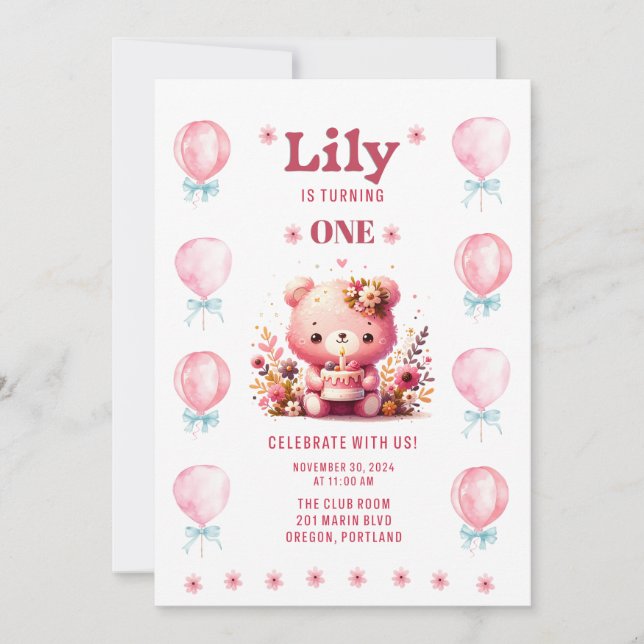Invitación El primer cumpleaños de Lily (Anverso)