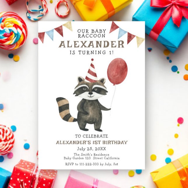 Invitación El primer cumpleaños de nuestro bebé mapache (Subido por el creador)