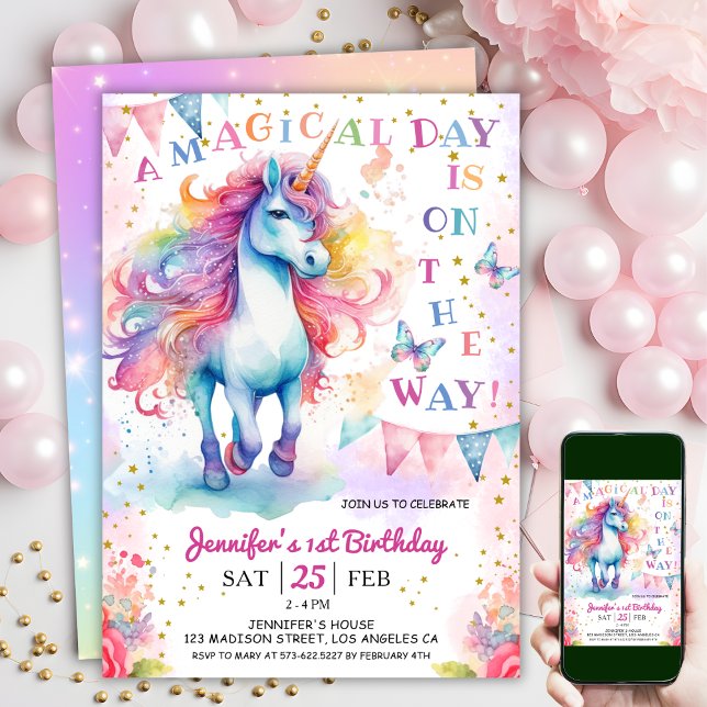 Invitación El primer cumpleaños de unicornio: arcoiris y estr (#UnicornBirthdayInvitation #UnicornBirthdayInvitationTemplate #UnicornBirthdayInvitationEditable 
)