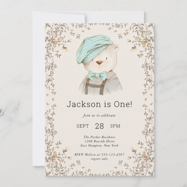 Invitación El primer cumpleaños del Adorable Teddy Bear Boy (Anverso)