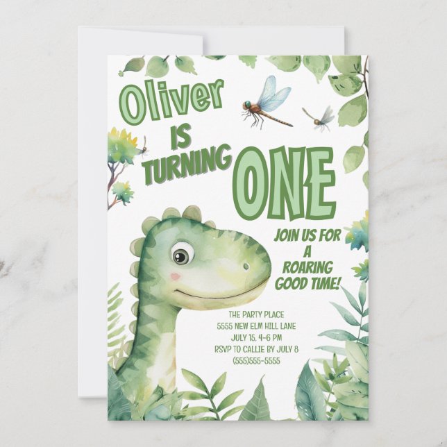 Invitación El primer cumpleaños del bebé de dinosaurios es un (Anverso)