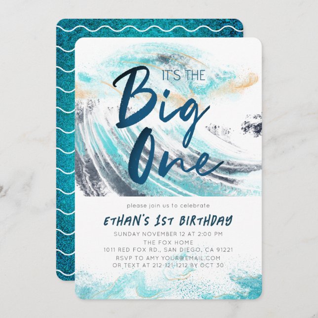 Invitación El primer cumpleaños del Big One Blue Wave Splash (Anverso / Reverso)