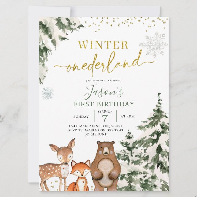 Invitación El primer cumpleaños del bosque de Woodland Winter (Anverso)