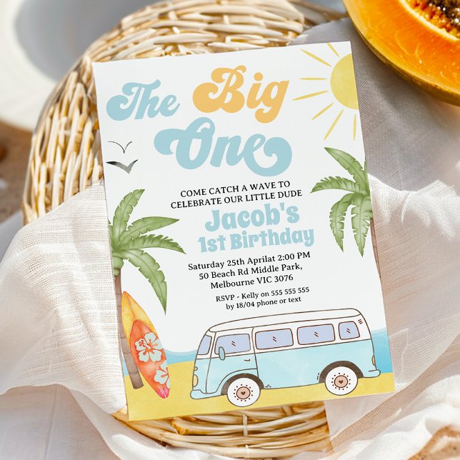 Invitación El primer cumpleaños del Naranja azul retro (The Big One Surf 1st Birthday Invitation Template, Beach Surf The Big One 1st Birthday Invitation, 
)