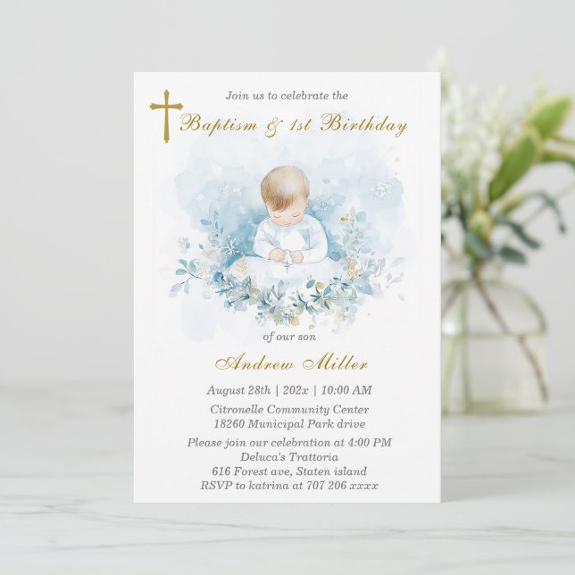 Invitación El primer cumpleaños del niño y el bautismo (Anverso de pie)