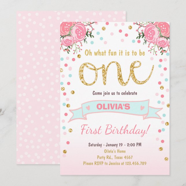 Invitación El primer cumpleaños floral invita a rosas rosados (Anverso / Reverso)