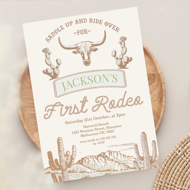 Invitación El primer rodeo del primer cumpleaños del desierto (Vintage First Rodeo 1st Birthday Invitation Boy, Longhorn Cow Western Wild West First Birthday )