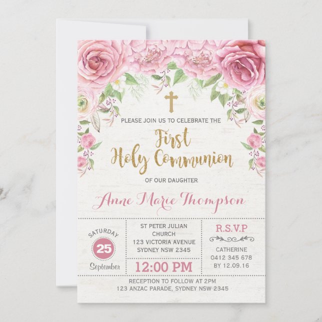 Invitación El primer rosa floral y el oro de la comunión (Anverso)