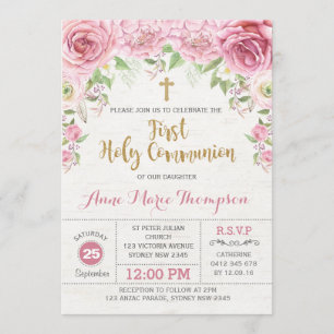 Invitación El primer rosa floral y el oro de la comunión
