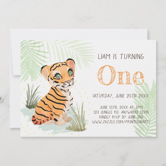 Invitación El primer tigre de cumpleaños de Jungle Wild & Fre (Anverso)