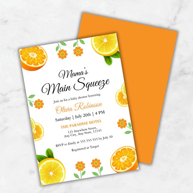 Invitación El principal Naranja de mamá: Citrus Baby Shower (Mama's Main Squeeze Orange Citrus Baby Shower Invitation )