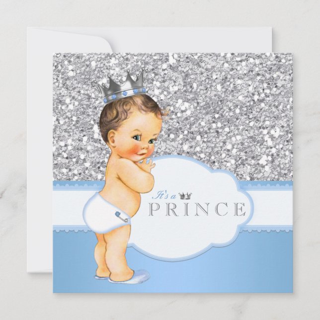 Invitación El príncipe Baby Shower azul y plateado (Anverso)