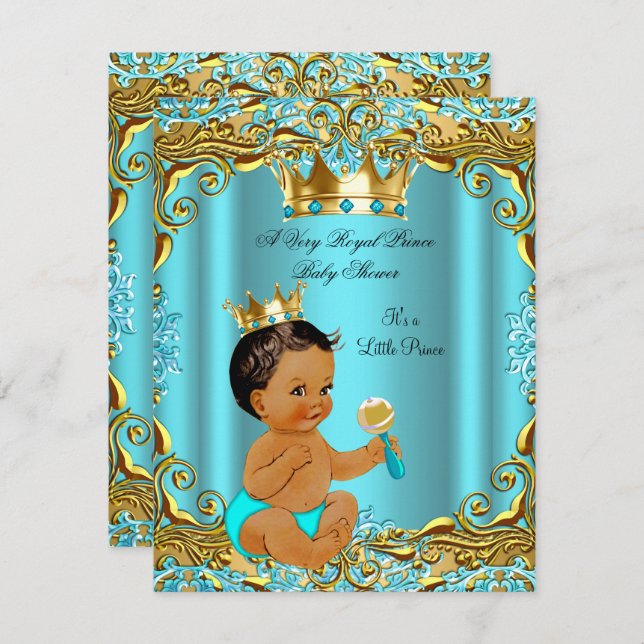 Invitación El príncipe dorado de Baby Shower de la etnia Aqua (Anverso / Reverso)