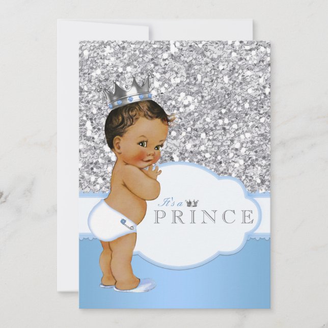 Invitación El príncipe étnico Baby Shower azul y plateado (Anverso)