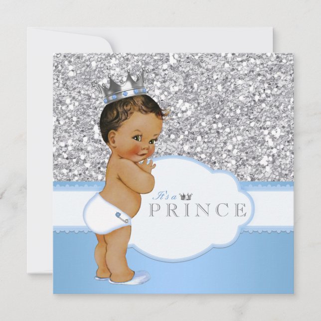 Invitación El príncipe étnico Baby Shower azul y plateado (Anverso)