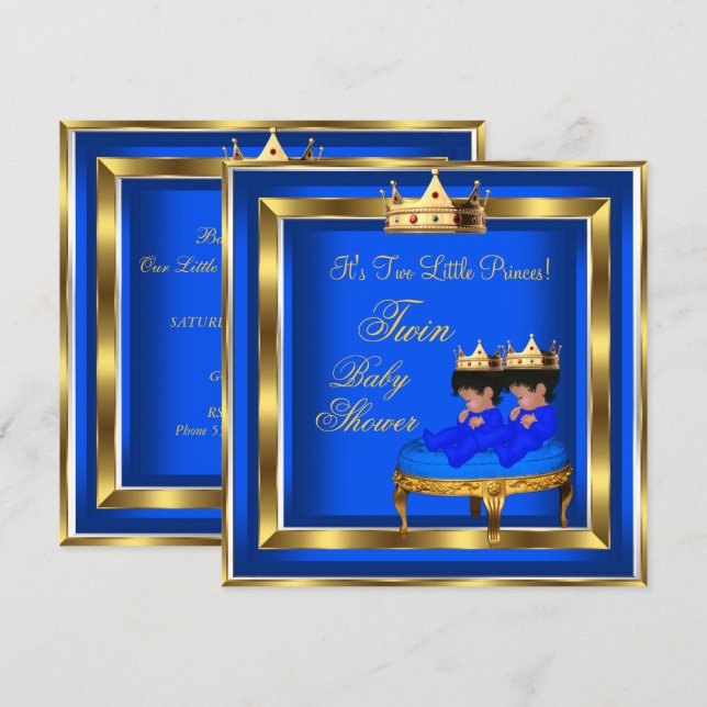 Invitación El príncipe gemelo Baby Shower Royal Blue Gold Boy (Anverso / Reverso)