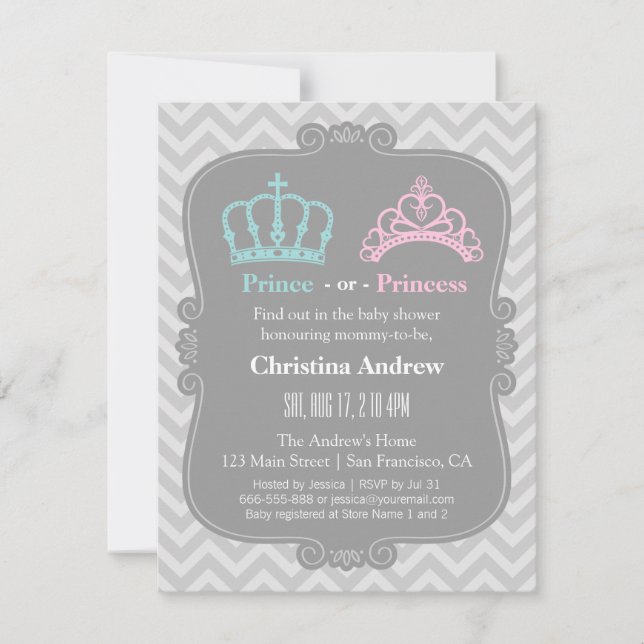 Invitación El príncipe real o la princesa revelan Baby Shower (Anverso)