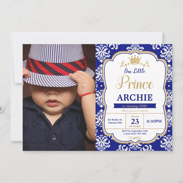 Invitación El Principito 1er Cumpleaños Real Azul Damasco Fot (Anverso)