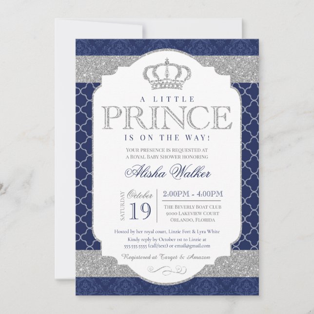 Invitación El Principito Real Baby Shower azul y plateado (Anverso)