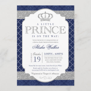Invitación El Principito Real Baby Shower azul y plateado