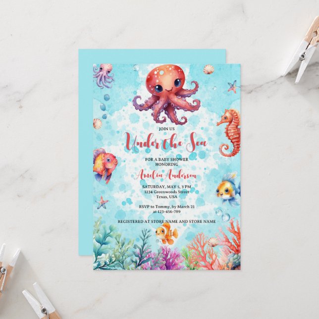 Invitación El pulpo bajo el mar criaturas Baby Shower (Anverso/Reverso In Situ)