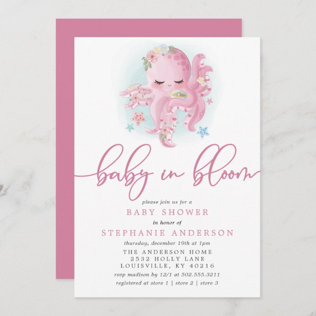 Invitación El pulpo curó al bebé rosado en el Baby Shower en  (Anverso / Reverso)