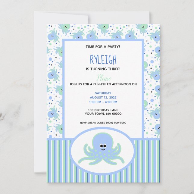 Invitación El pulpo dulce Pastel azul y verde cumpleaños (Anverso)