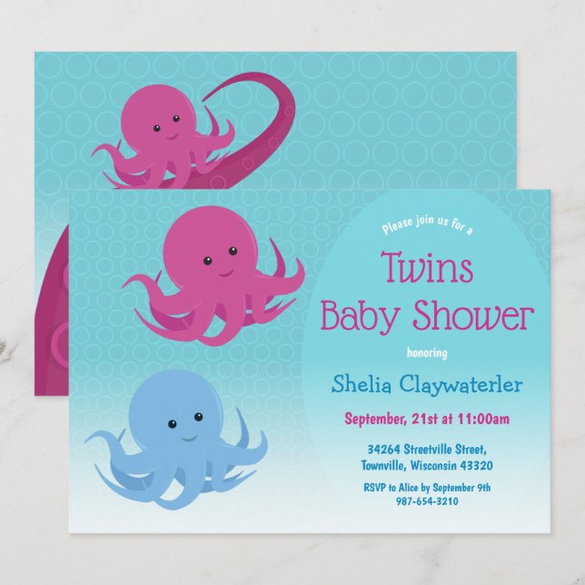Invitación El pulpo lindo animal Twin Baby Shower (Anverso / Reverso)
