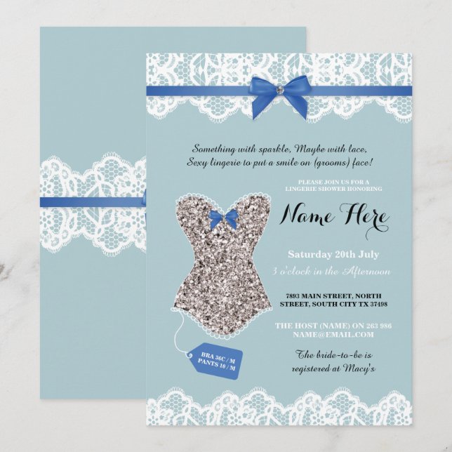 Invitación El purpurina azul de plata nupcial de la ducha de (Anverso / Reverso)