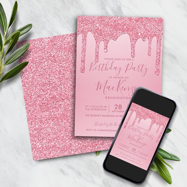 Invitación El Purpurina de espuma rosada de Rubor gotea cada  (Blush Pink Sparkle Glitter Drips Any Year Birthday Invitation)
