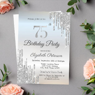 Invitación El Purpurina de moda degrada Plata 75 cumpleaños