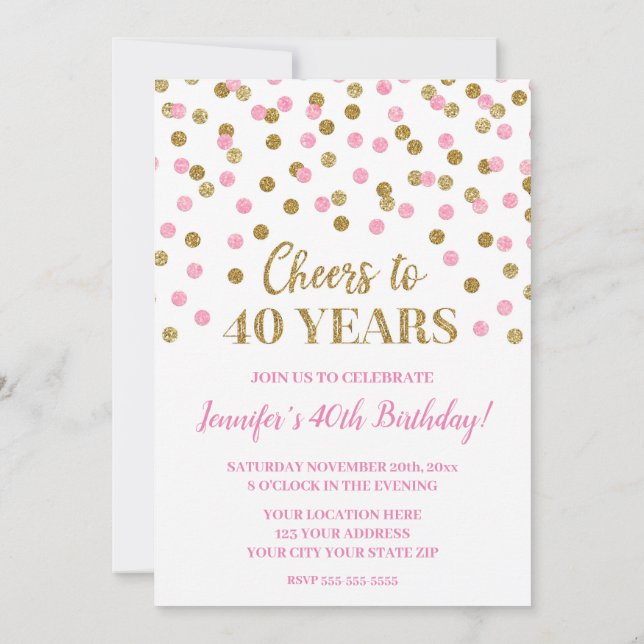 Invitación El Purpurina de oro rosado, Confetti, vitorea a 40 (Reverso)
