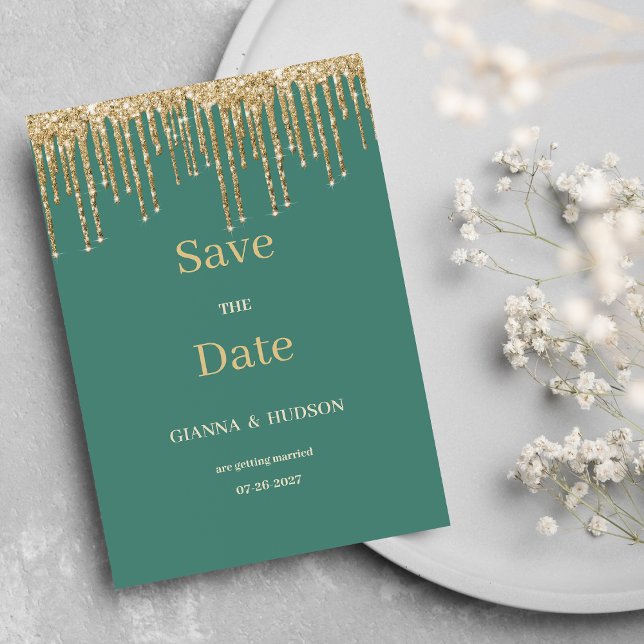 Invitación El purpurina de oro verde malva Glam gotea Save th (Glam mauve green gold glitter drips Save the Date)