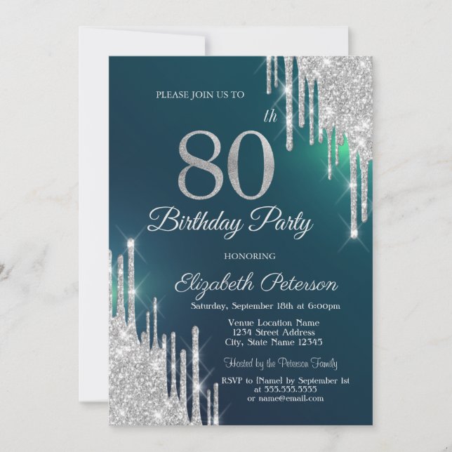 Invitación El Purpurina de Plata degrada el 80º cumpleaños ve (Anverso)