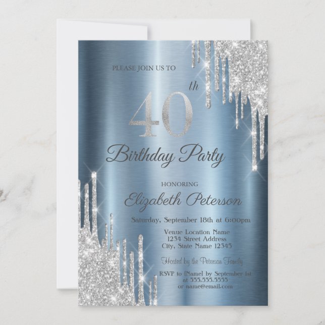 Invitación El Purpurina de Plata desliza el Metálico Azul 40  (Anverso)