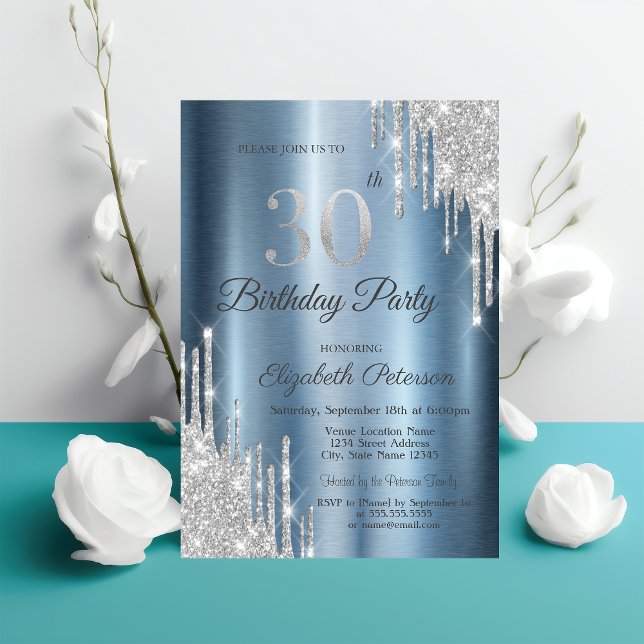 Invitación El Purpurina de plata tira el metal azul 30 cumple (Subido por el creador)